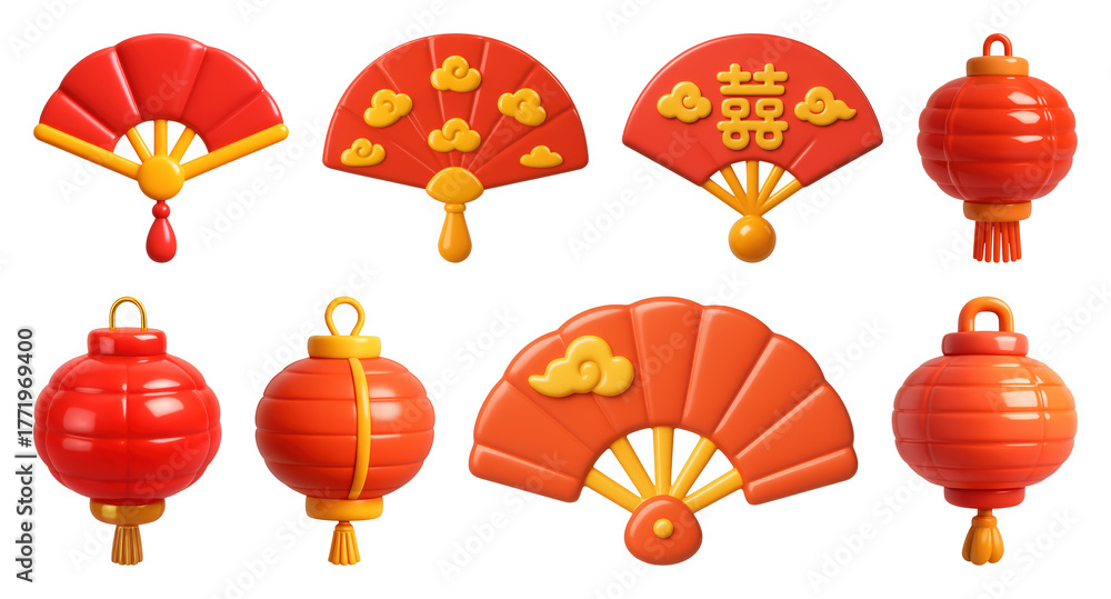 Fototapeta premium PNG Vibrant Chinese festival decorations, element set on transparent background