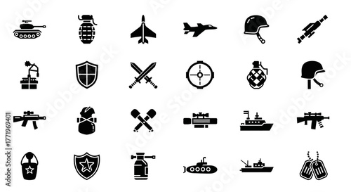 A collection of solid glyph icons representing military, army, and warfare themes, including weapons, vehicles, and defense symbols