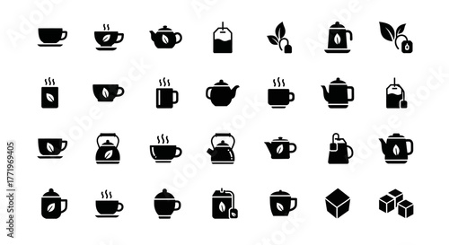 A clean and modern set of black solid glyph icons related to tea, including various designs for teapots, cups, mugs, and leaves