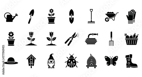 A comprehensive set of solid black glyph icons representing various gardening tools, plants, and outdoor nature elements