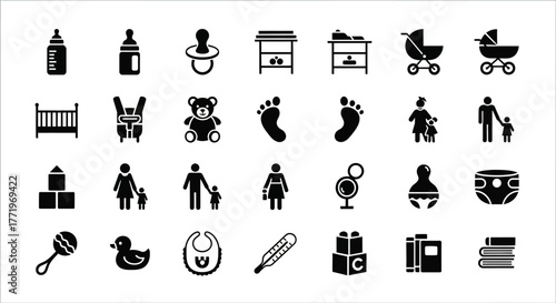 A versatile solid glyph icon collection of essential baby care items, newborn products, and early childhood symbols