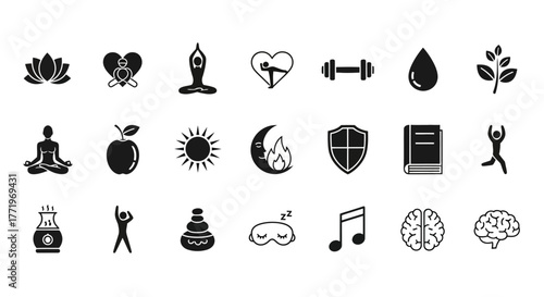 A comprehensive collection of well-being glyphs for a healthy lifestyle. Icons for meditation, fitness, mental health, and mindful living
