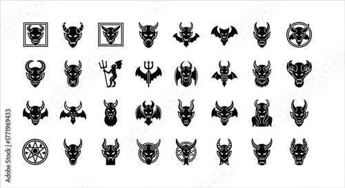 Creative Kufu 539 collection of monstrous devil head icons. Assortment of black satanic symbols and demonic face silhouettes for graphic design and tattoos