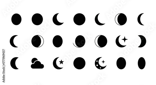 Minimalist collection of moon phase silhouettes, a lunar cycle icon set with stars and clouds for astrological and astronomical design
