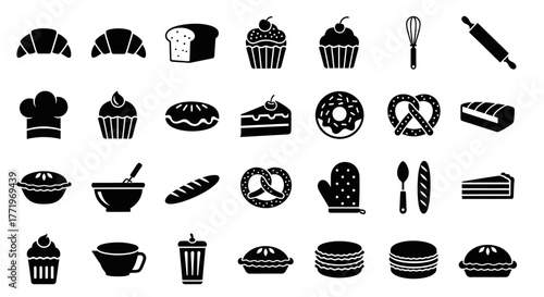 Vector collection of bakery shop icons. Black silhouette pictograms of bread, cakes, pies, and baking utensils