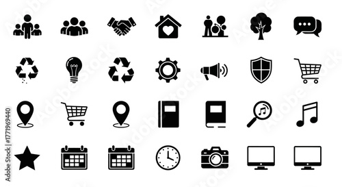 A versatile set of universal solid black glyph icons for business, technology, and communication, illustrating creative ingenuity for web and mobile
