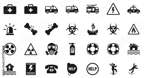 Ingenious set of monochrome emergency and disaster icons, including symbols for accidents, hazards, rescue, and first aid assistance