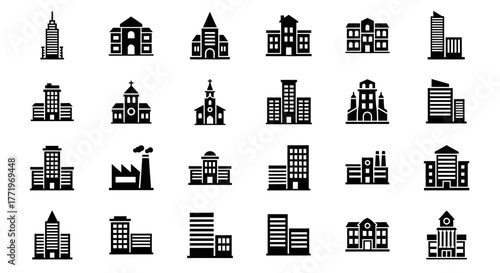 Monochrome glyph icon set of various urban buildings, including city skyscrapers, government offices, and residential houses