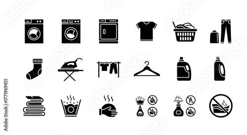 Set of black silhouette icons representing laundry service, washing machine, drying, ironing, and clothing care symbols