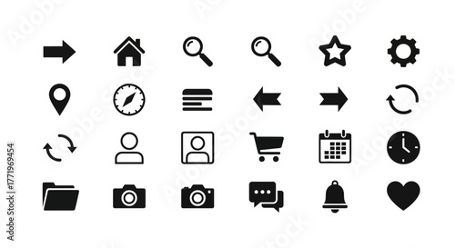Versatile set of essential black glyph icons for modern user interface design on websites and mobile applications