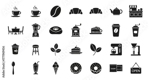 A versatile collection of solid glyph icons for coffee shops, cafes, and bakeries, featuring drinks, food, and equipment symbols