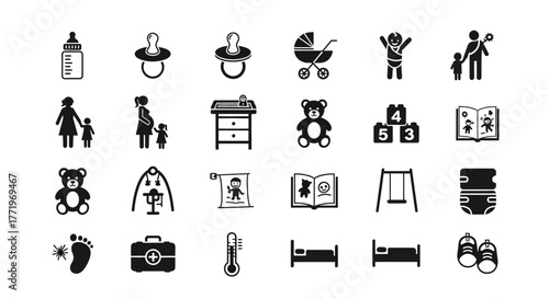 A comprehensive set of simple monochrome glyph icons for baby care, newborn essentials, and early childhood development