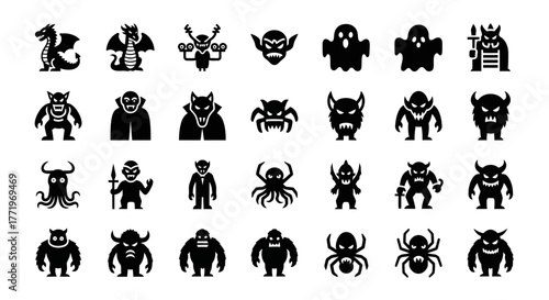 A diverse collection of mythical monster and fantasy creature silhouette icons. Vector glyph set including dragons, demons, and ghosts