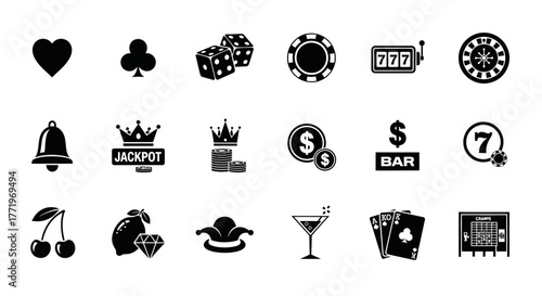 A comprehensive set of monochrome glyph icons for casino gaming, gambling, and betting, featuring classic symbols like slots, cards, and dice