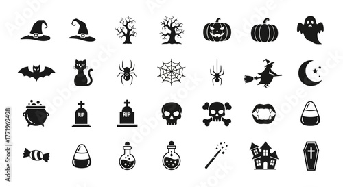 Collection of black Halloween silhouette icons, including witch, pumpkin, ghost, and spider symbols. Vector design elements for holiday decoration