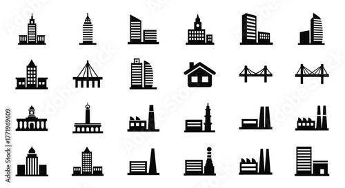 A diverse set of black silhouette icons showcasing various city buildings, industrial factories, and architectural landmarks