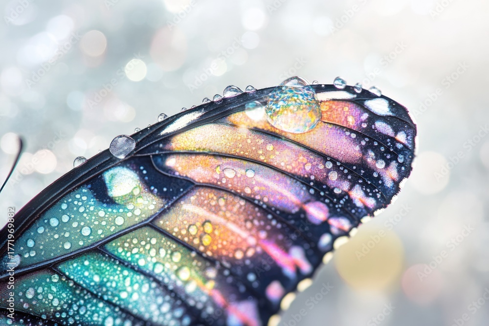 Naklejka premium Iridescent butterfly wing sparkles with water droplets. Vibrant colors and a bokeh background create a delicate, magical close-up of nature's beauty.
