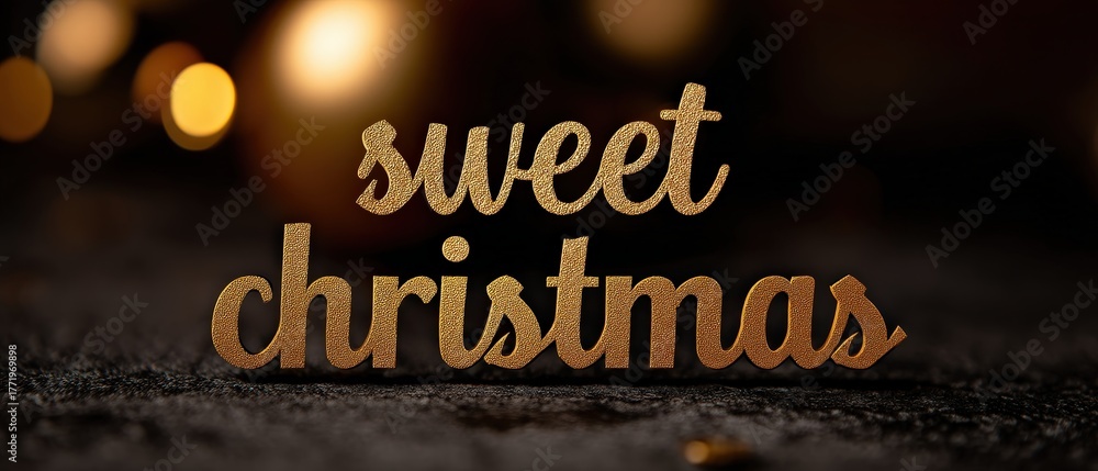 Fototapeta premium Golden sweet christmas text on dark background with bokeh lights, festive holiday season greeting card concept for merry christmas and happy new year
