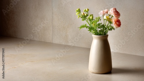 Wallpaper Mural Elegant beige ceramic vase with soft pink flowers on a minimalistic beige tabletop against a plain wall, capturing tranquility and refined simplicity Torontodigital.ca