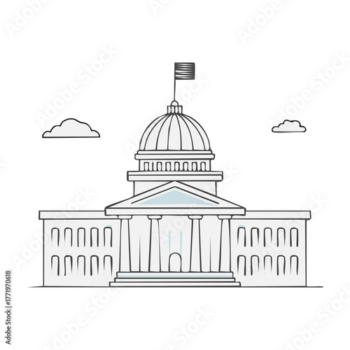 Elegant Government Building Facade with Dome and American Flag Illustration