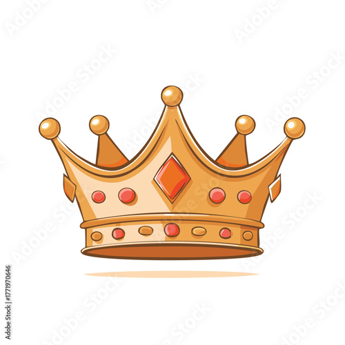 Golden royal crown with red jewels and decorative pearls, cartoon style illustration