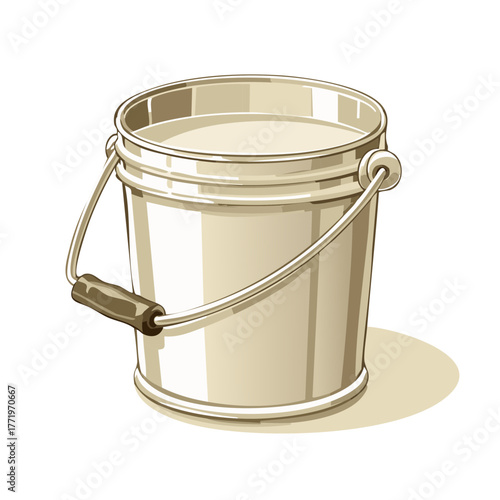 Illustration of a metal bucket filled with liquid, isolated on a white background.