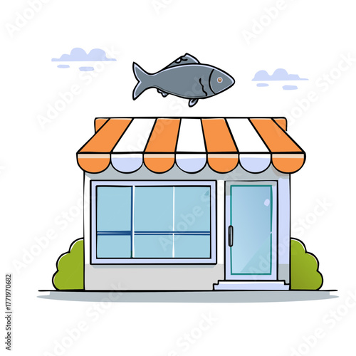 Simple vector illustration of a fish market or seafood shop with a fish icon above