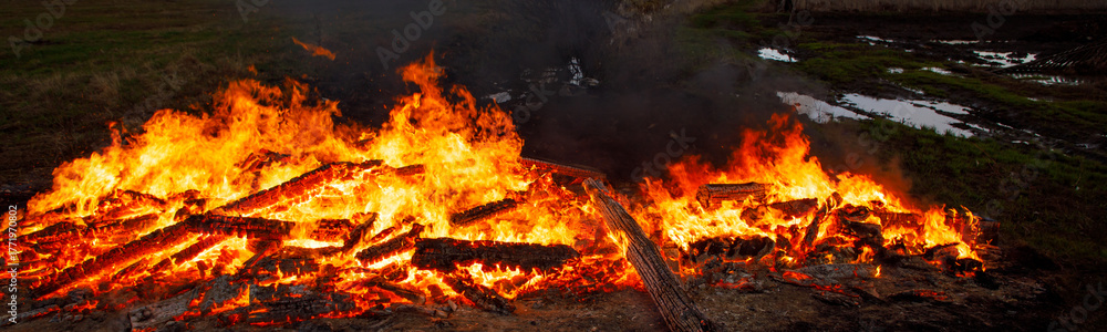Fototapeta premium Pile of burning wood with a lot of smoke