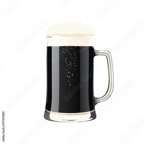 Frothy dark beer in a tall glass mug with refreshing bubbles