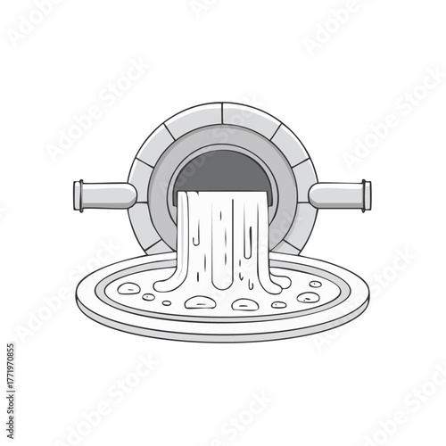 Stylized gray pipe discharging liquid waste or water into a round drain basin, an environmental pollution concept.