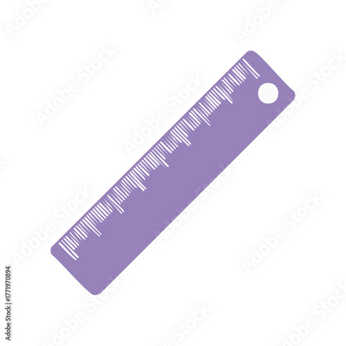 Simple purple ruler with white measurement markings and a hole for hanging