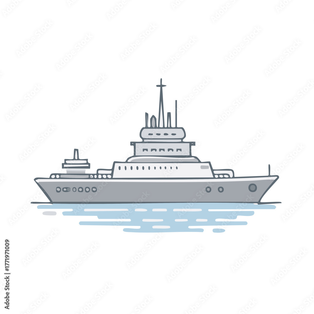 Obraz premium Modern Motor Yacht with Multiple Decks and Antenna Towers in Blue Water