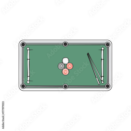 Top Down View of Pool Billiard Table with Balls and Cues for Game Entertainment and Sport