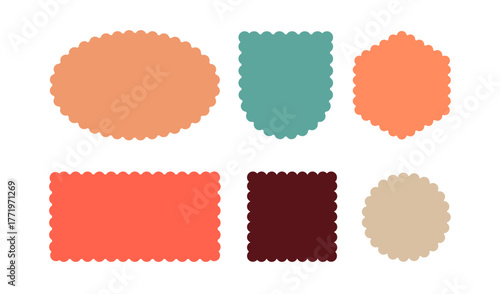 Frame scallop shape wavy edge vector border box stamp icon. Rectangle scallop colorful curvy figure design