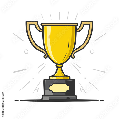 Gold trophy illustration with starburst effect, winning, celebration, and achievement.