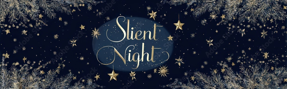 Fototapeta premium Elegant Silent Night Christmas background with golden stars and pine branches on dark blue backdrop Festive holiday season design with a magical, peaceful, and serene mood
