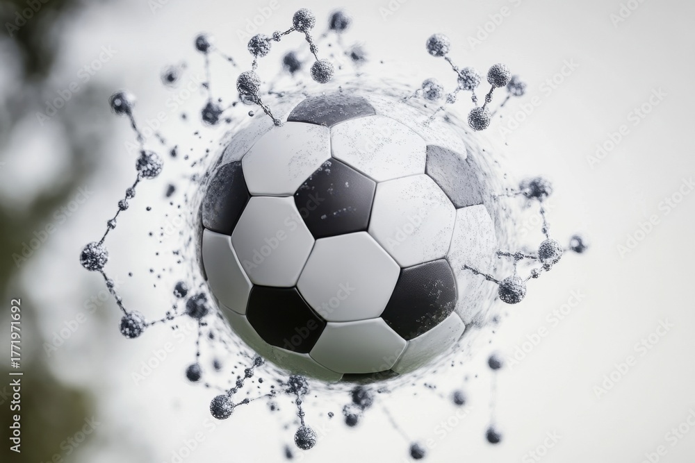 Naklejka premium Soccer ball surrounded by molecular structures representing the sport's scientific aspects