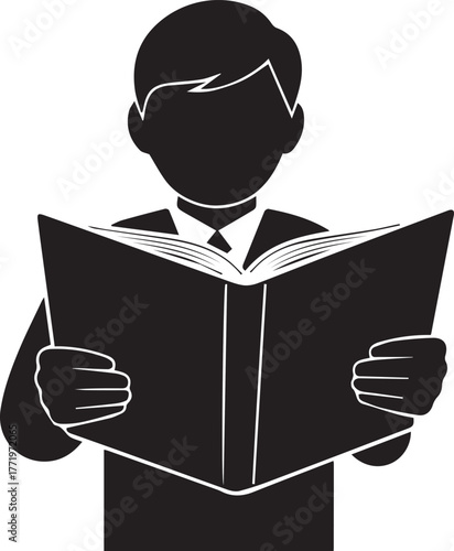 Black silhouette of a person in a suit and tie reading an open book vector