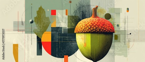 Abstract acorn art with geometric shapes and autumn leaf in a modern, minimalist design for fall season and natureinspired themes