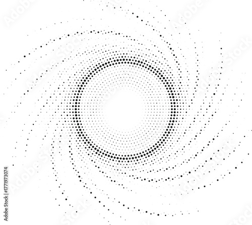 Dynamic halftone spiral vortex in black and white, circular dotted pattern creating optical illusion, minimal geometric abstract digital background design