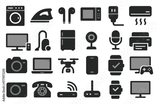 Set of electronic devices and smart home appliances icons in dark gray
