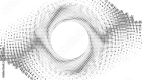 Abstract circular halftone pattern forming centered white void, monochrome dotted background with dynamic symmetry, modern digital minimal design concept