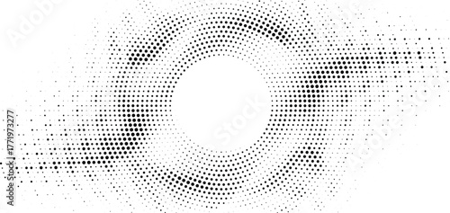 Abstract halftone circular wave pattern with white center void, modern monochrome dotted background for digital motion art, geometric minimal futuristic design