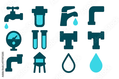 Water System and Plumbing Vector Icons Set with Transparent Background