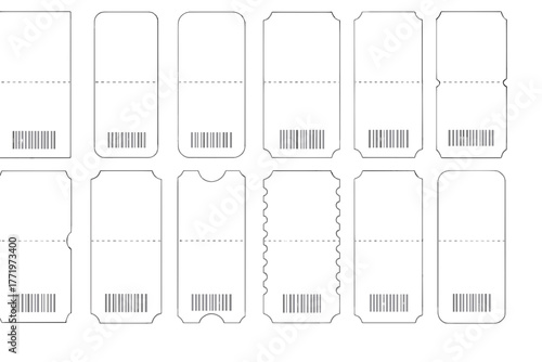 Set of blank white tickets with barcodes, various shapes and perforations, isolated on transparent background