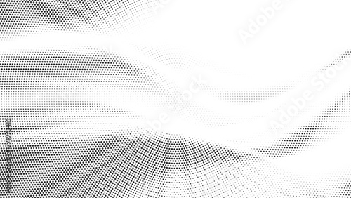 Smooth wavy halftone texture in grayscale, elegant flowing lines creating abstract pattern, minimal modern digital background design with soft gradient motion