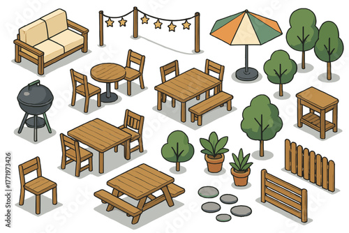 Pixel art isometric set of outdoor garden and patio furniture, BBQ, trees, and decorative elements