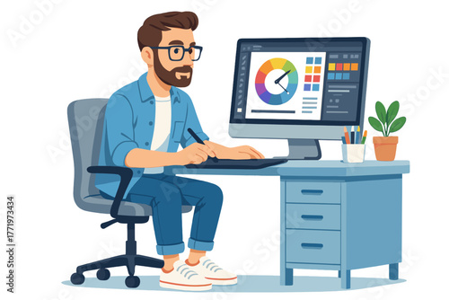 Male graphic designer working on computer with pen tablet, vector illustration