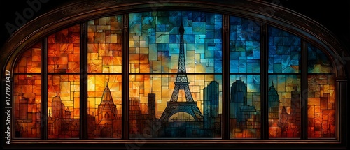 Fototapeta Naklejka Na Ścianę i Meble -  A stained glass window frames Paris streets and skyline in vibrant, colorful hues. The image captures artistic beauty, culture, and iconic city charm.