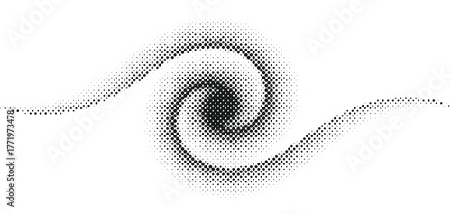 Abstract swirling halftone vortex pattern in black and white, dynamic flow of dots creating spiral motion, minimal modern digital texture for design projects